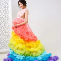 2022 rainbow prom dresses tiered ruffles photoshoot gowns sheer tulle v neck sleeveless maternity dress robes