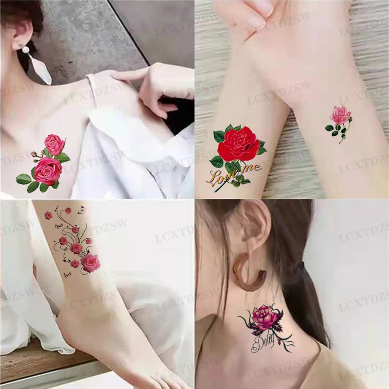 Temporary Tattoos Stickers Rose Tattoo Translation To Body Art Arm Fashion Flower Fake Tattoos Decal Back Tattoo For Women Men