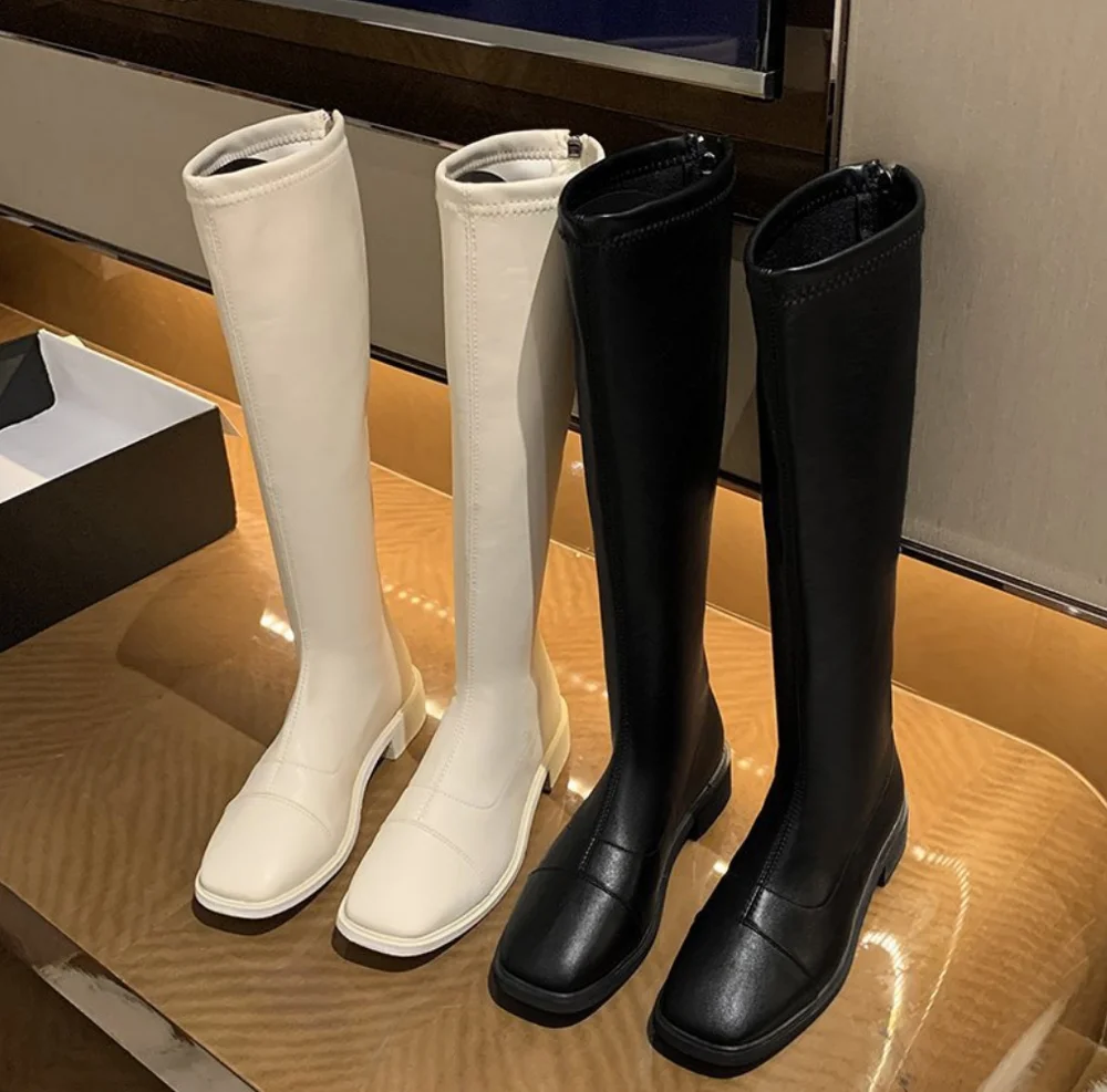 

2020Women's leather Boots Fashion Knee High Boots ins beige flat Western Knight boots Autumn Winter Woman Shoes casual long bota