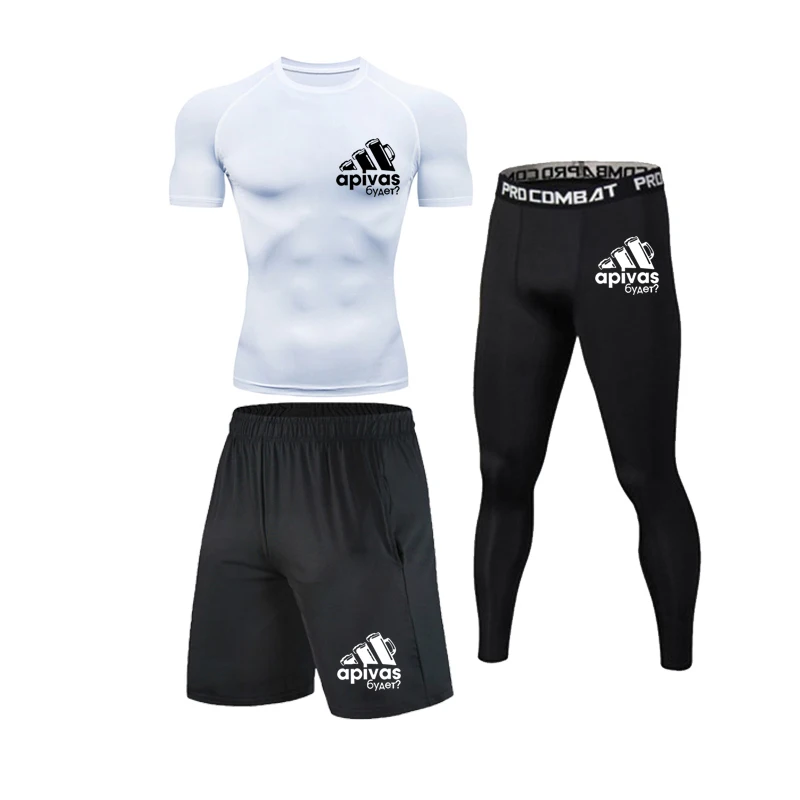 

Three Piece Set Men'S High Quality Outdoor Sports Fitness Gym Compression Tight Sports Suit Jogging Running T- Shirt Tight Pants