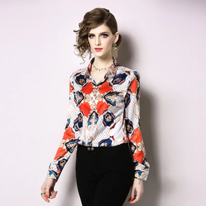 Женская винтажная блузка с длинным рукавом элегантная модельная офисная принтом