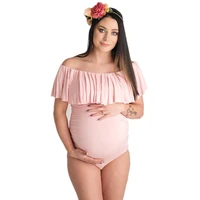 summer floral printing stretchy maternity photo shoot bodysuits slash neck ruffles pregnant women photography jumpsuits