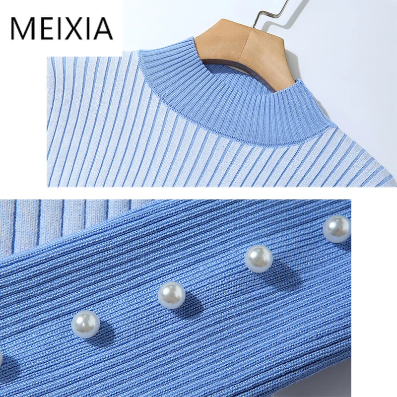 

MEIXIA Autumn Winter Women Casual Two piece Set Turtleneck Stripe Belt Tops + Skirt Pleated Spliced Office Lady 2 Piece Set