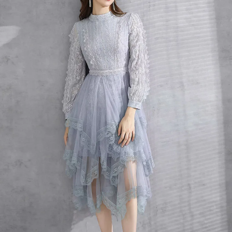 

QUALITY Newest HIGH Fashion 2021 Runway Dress Women's O-Neck Long sleeve Ruffles Lace Sequined Asymmetrical Mesh dress