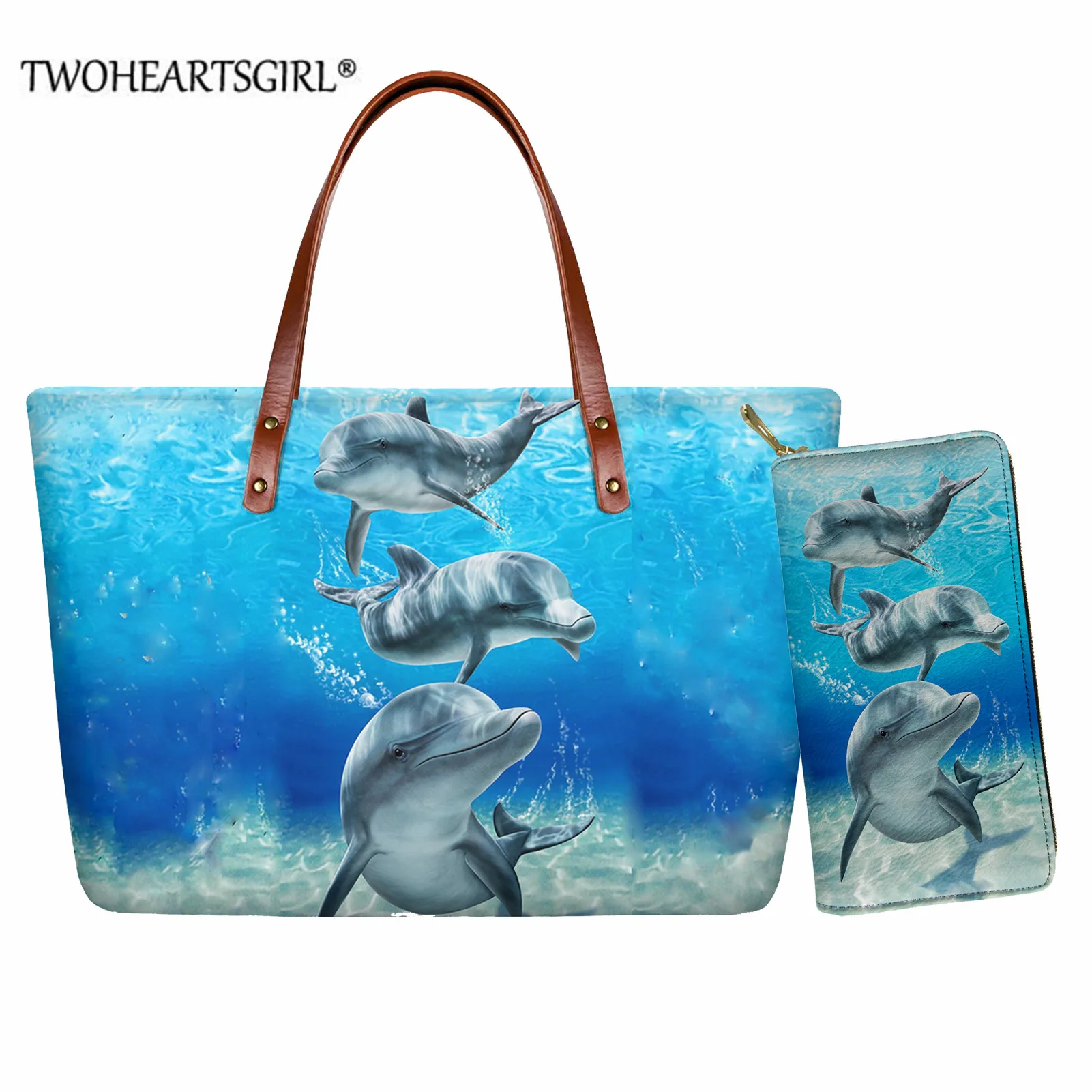 

TWOHEARTSGIRL Blue Dolphin Large Capacity Handbag Women Travel Shoulder Bag Brand 2Pcs/Set Tote Bags Female Leather Purse Custom