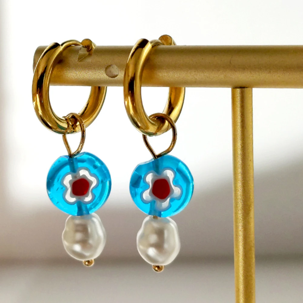 

Korean Multicolor Glaze Flower Bead Pearl Hoop Earrings For Women Plated Stainless Steel Circle Earring Jewelry 2021 Trend