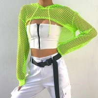 micro length hoodie women casual vest bra cover fish net hollow out drawstring for daily life work street wear sports