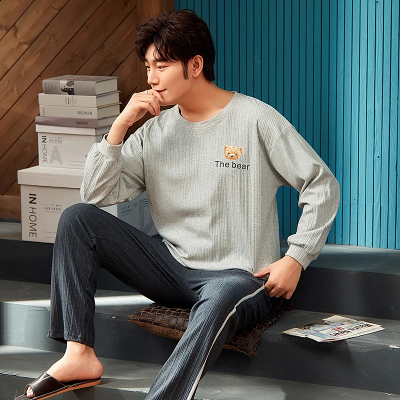 CAIYIER Autumn Winter Men Pajamas Set Cotton Plus Size Lounge Wear Contracted Print O-Neck Long Sleeve Trousers Male Nightwear