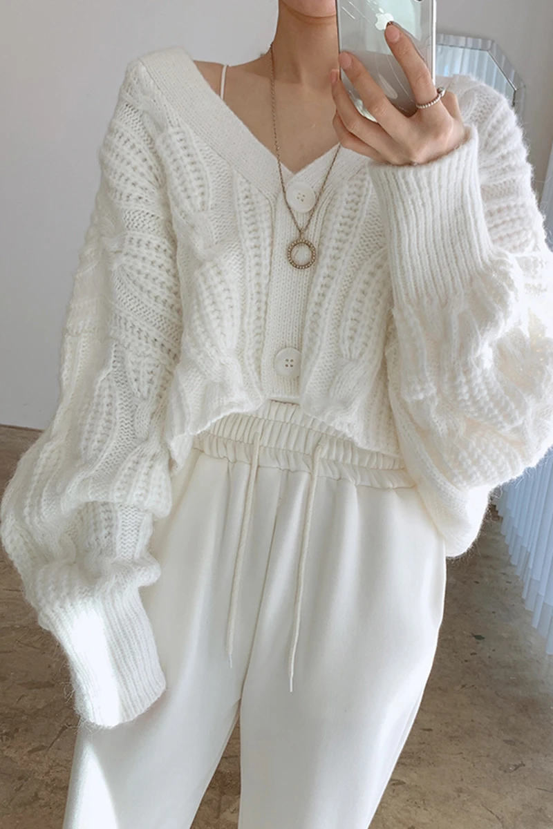 

Korean style autumn lazy style V-neck single-breasted loose wild linen pattern knitted cardigan sweater jacket women