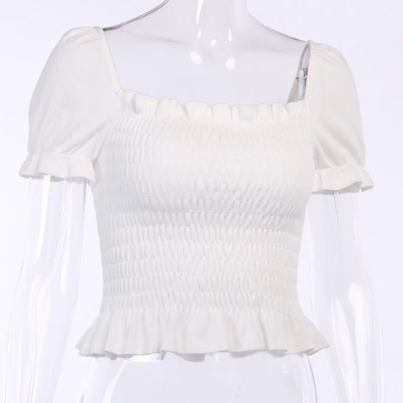 

Ruched short sleeve T-shirt Square Collar Women's fashion crop tops Sexy show navel Casual Elegant clothes