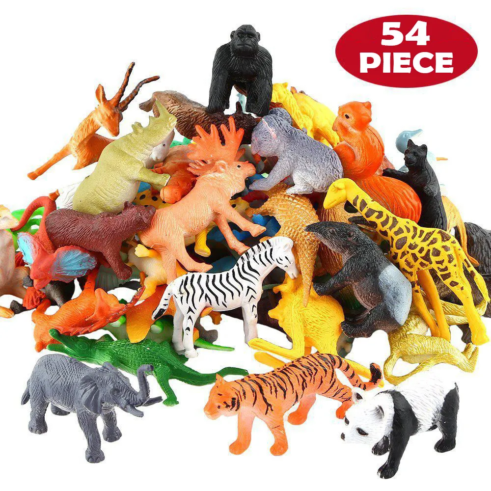 54 adet Mini orman hayvan oyuncaklar seti gerçekçi vahşi plastik hayvanlar öğretici oyuncaklar fil Gazelle zürafa Gnu Gorilla aslan kaplan