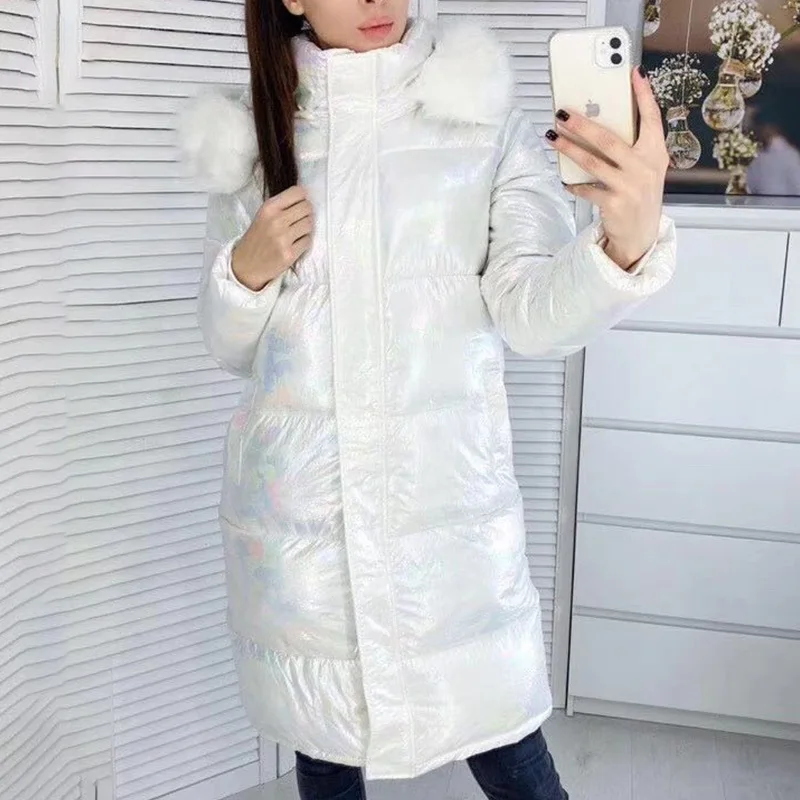 Новинки для женщин капюшон куртки оторочен мехом плотные куртки блестящие дамские Материал карманы с длинным пальто Parker женские Теплые повседневные куртки зима - Цвет: White