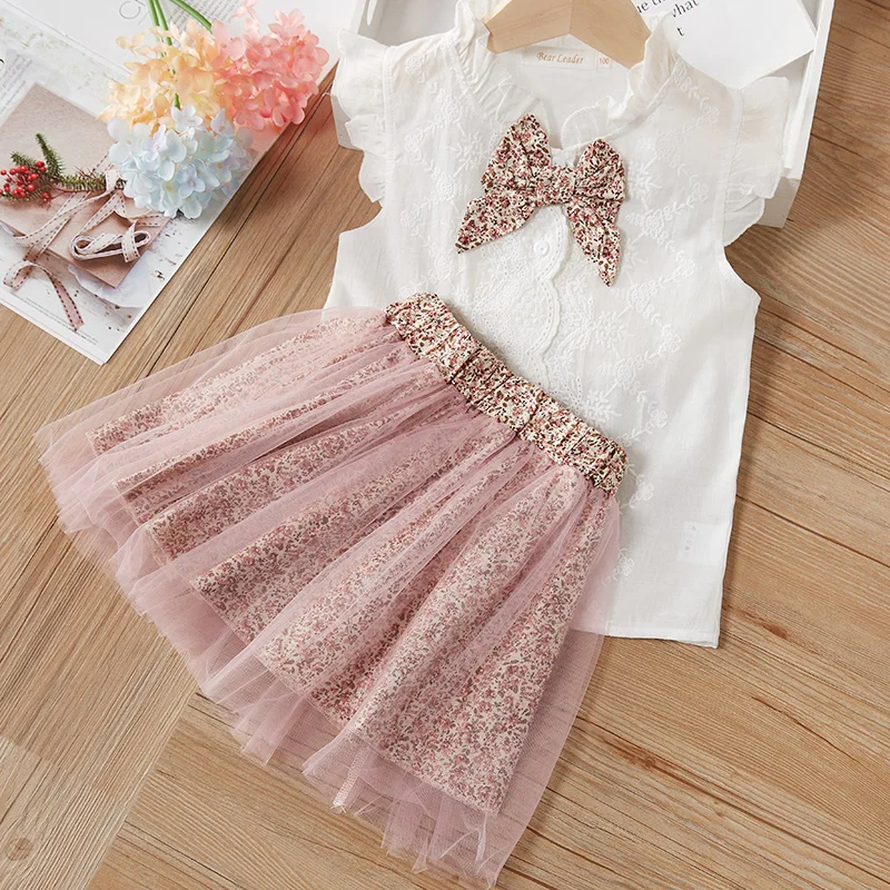 Girls Dress 2020 Summer Princess Girl Cartoon T- Shirt + Gauze 2PCS Set Children girls party dress kids dresses for | Детская одежда и