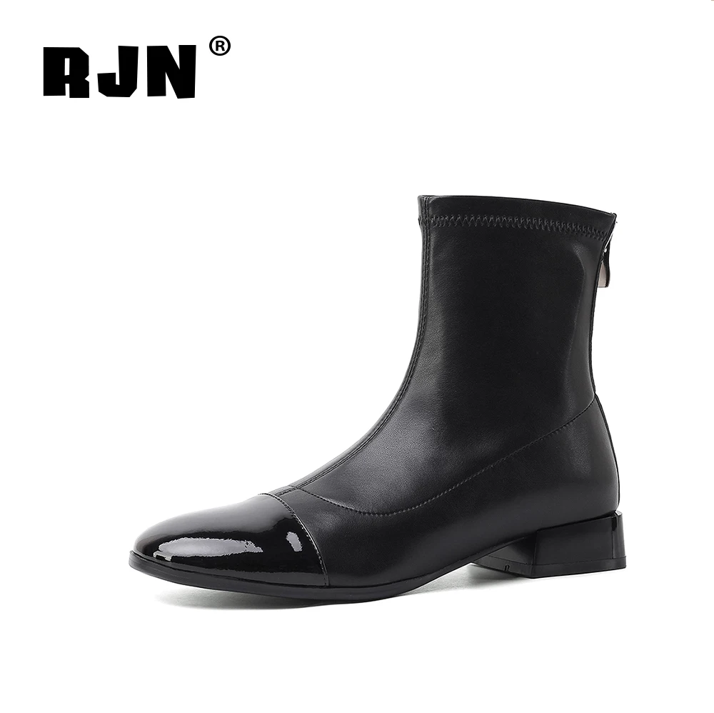 

RJN New Fashion Simple Ankle Boots High-Quality Patent Leather Classic Square Toe Zipper Women Shoes Low Heel Boots Women RO580