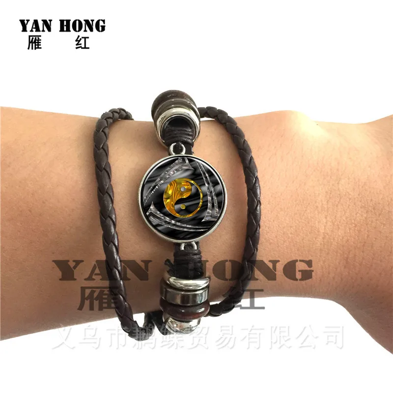 Золотой Инь-Ян кулон для Тай Чи ожерелье Античная Бронза цепь стеклянный кабошон