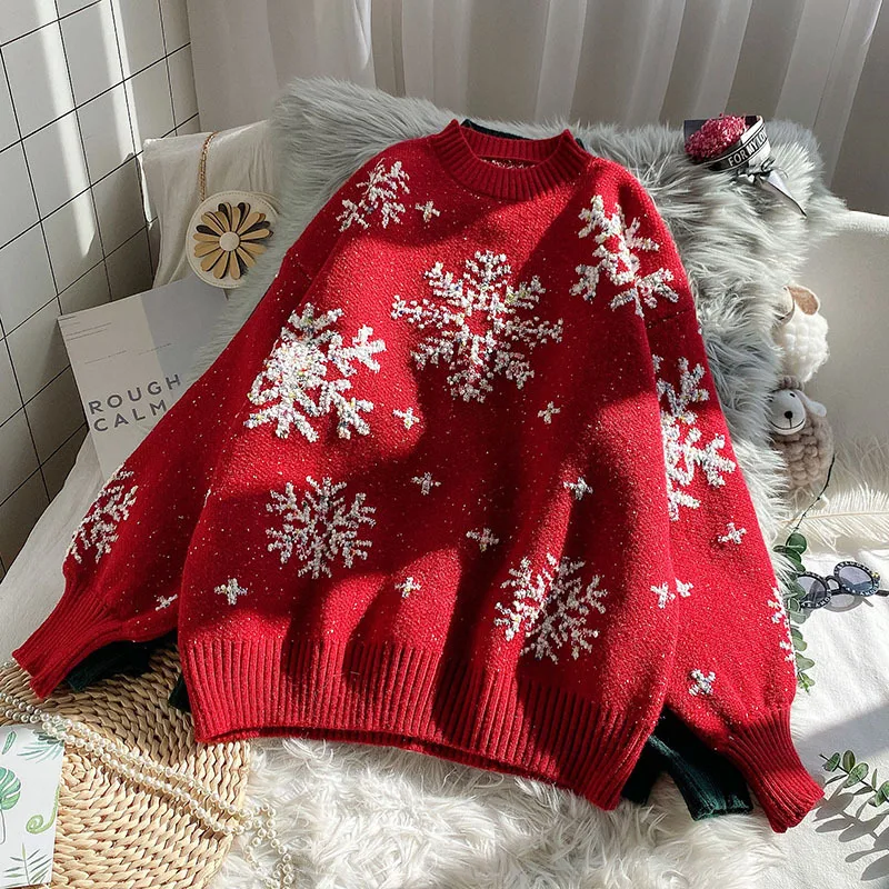 

Women Knitted Sweater Red Christmas Loose Sweater Pullover Snowflake Bottoming Shirt Korean Version Autumn Winter 2021 New Style