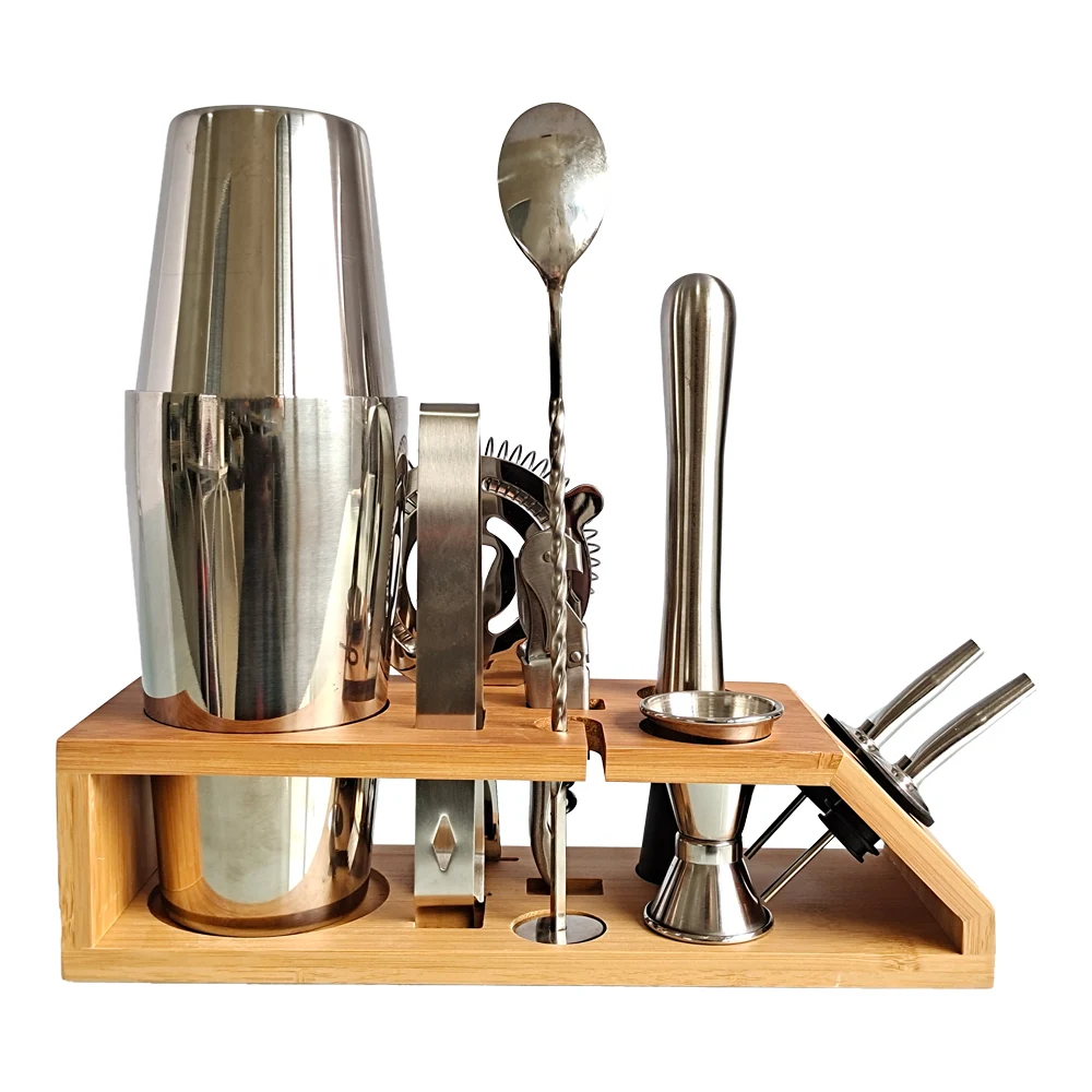 Kit de barman, juego de coctelera, soporte trapezoidal de bamb&uacute;, para bebidas mezcladas, juego de herramientas para el hogar de Bar, Martini, acero inoxidable, 10 piezas-0