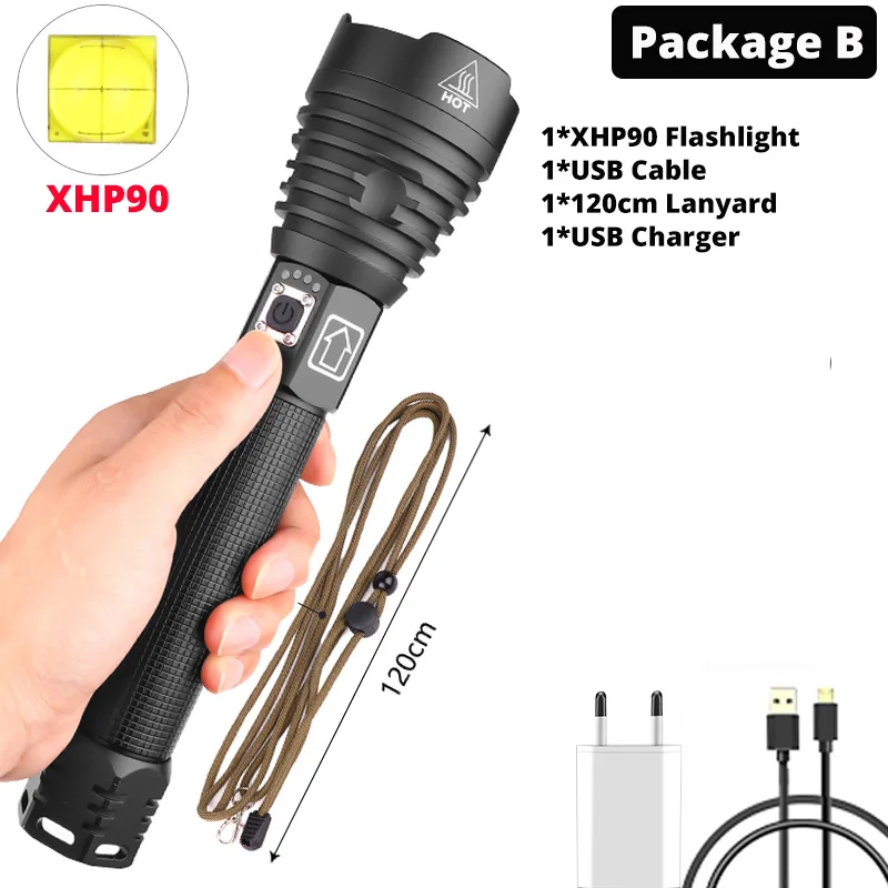 Package B-XHP90 Светодиодная вспышка светильник XHP90 вспышка светильник s power 2*26650 или 2*18650 батареи самый мощный тактический фонарь вспышка светильник фонарь для кемпинга - Испускаемый цвет: Package B-XHP90