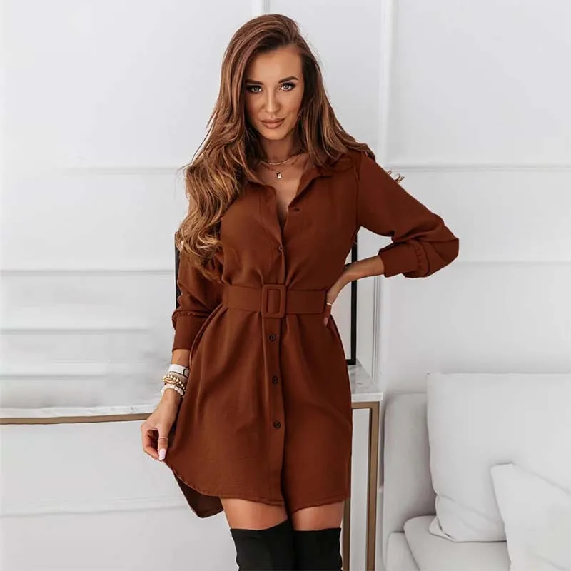 

Винтажные платья для женщин 2022, новая мода, отложной воротник, длинный рукав, с поясом, элегантные женские, плюс размер, повседневное мини-пл...