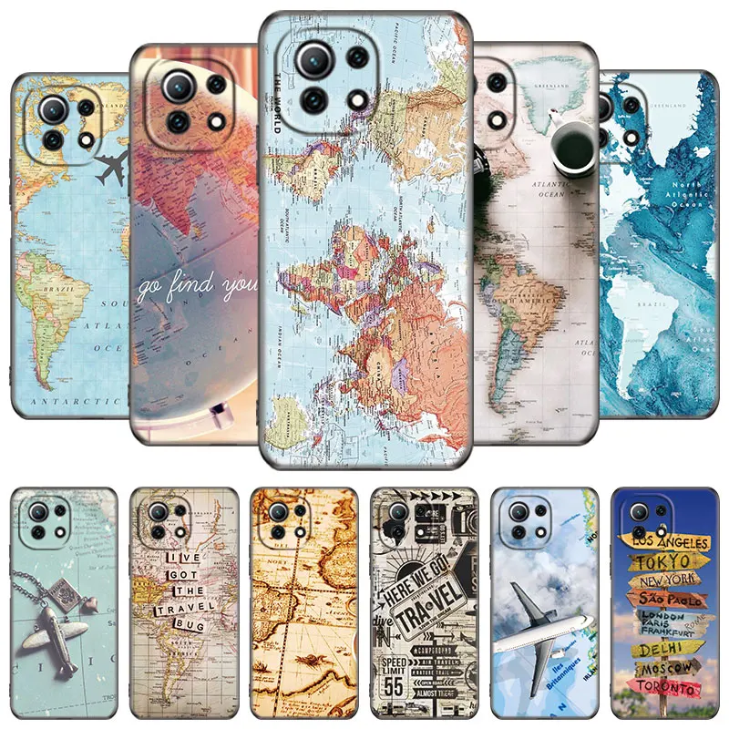 world map travel phone case for xiaomi mi redmi poco x3 nfc gt f3 m3 10t 11t 7 7a k20 k40 pro 11i a2 11 lite civi black cover free global shipping