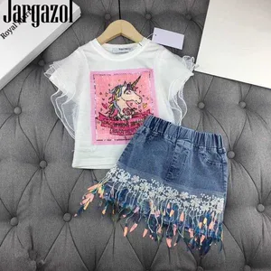 Кружевная рубашка с единорогом и джинсовая юбка с блестками, Модный комплект одежды для маленьких девочек, красивые детские летние наряды, симпатичная одежда