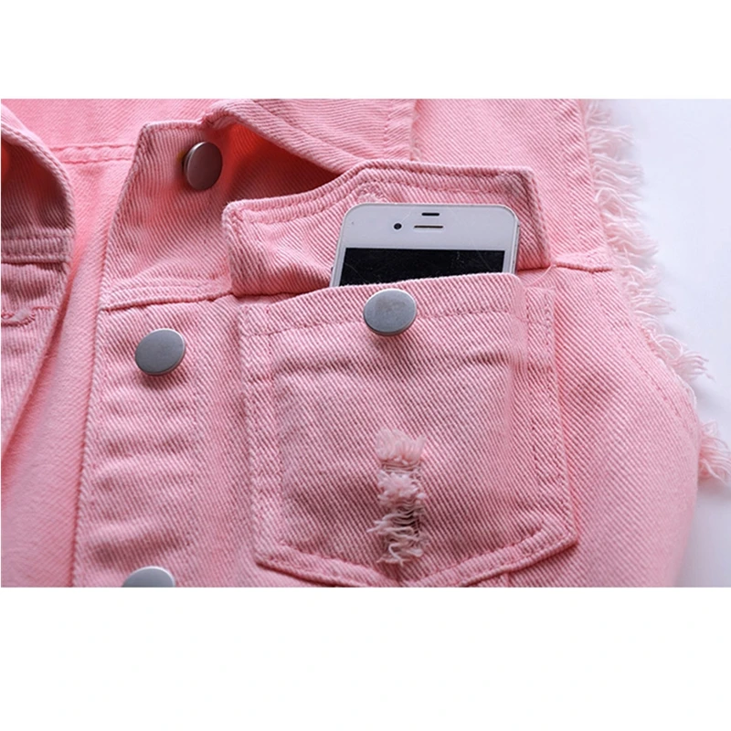

New Fashion Pink Short Women's Denim Vest Spring Summer Single-breast Pocket Hole Jeans Vest Women Casual Waistcoat