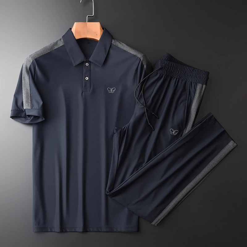 

Летние комплекты (футболка и штаны), 2 предмета, Роскошные, вышитые, шелковистые, с коротким рукавом, мужские футболки, модные, с эластичной ре...