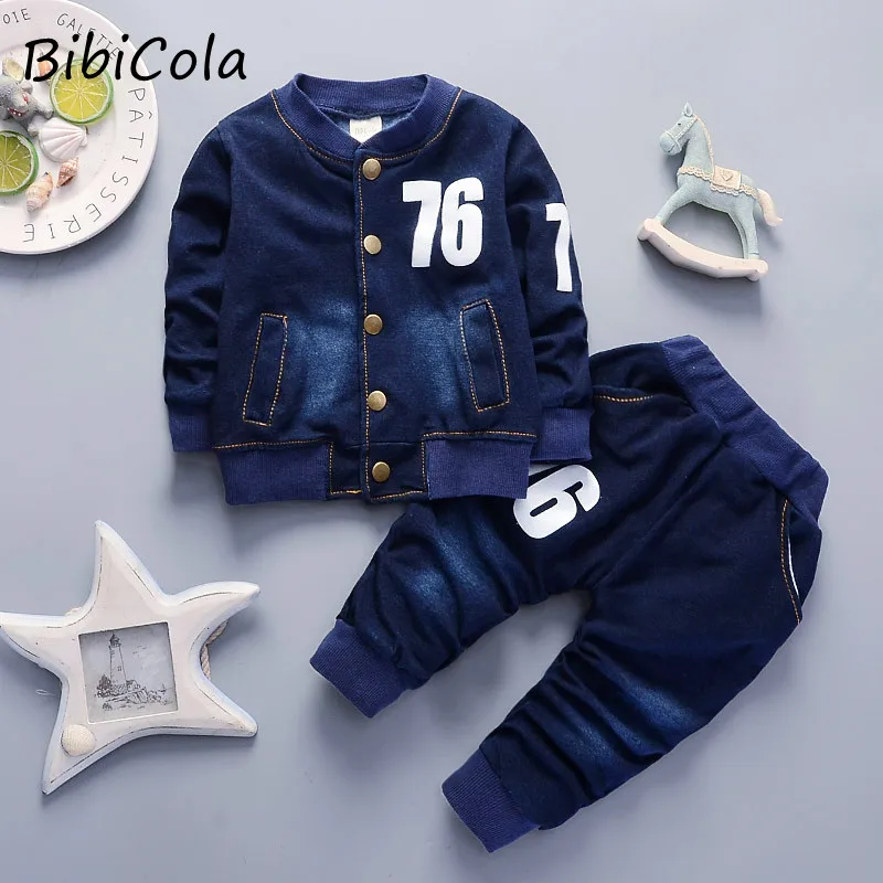 

Спортивный костюм для мальчиков BibiCola, комплект одежды из джинсовой ткани с длинным рукавом и мультяшным принтом для малышей, Спортивная фор...