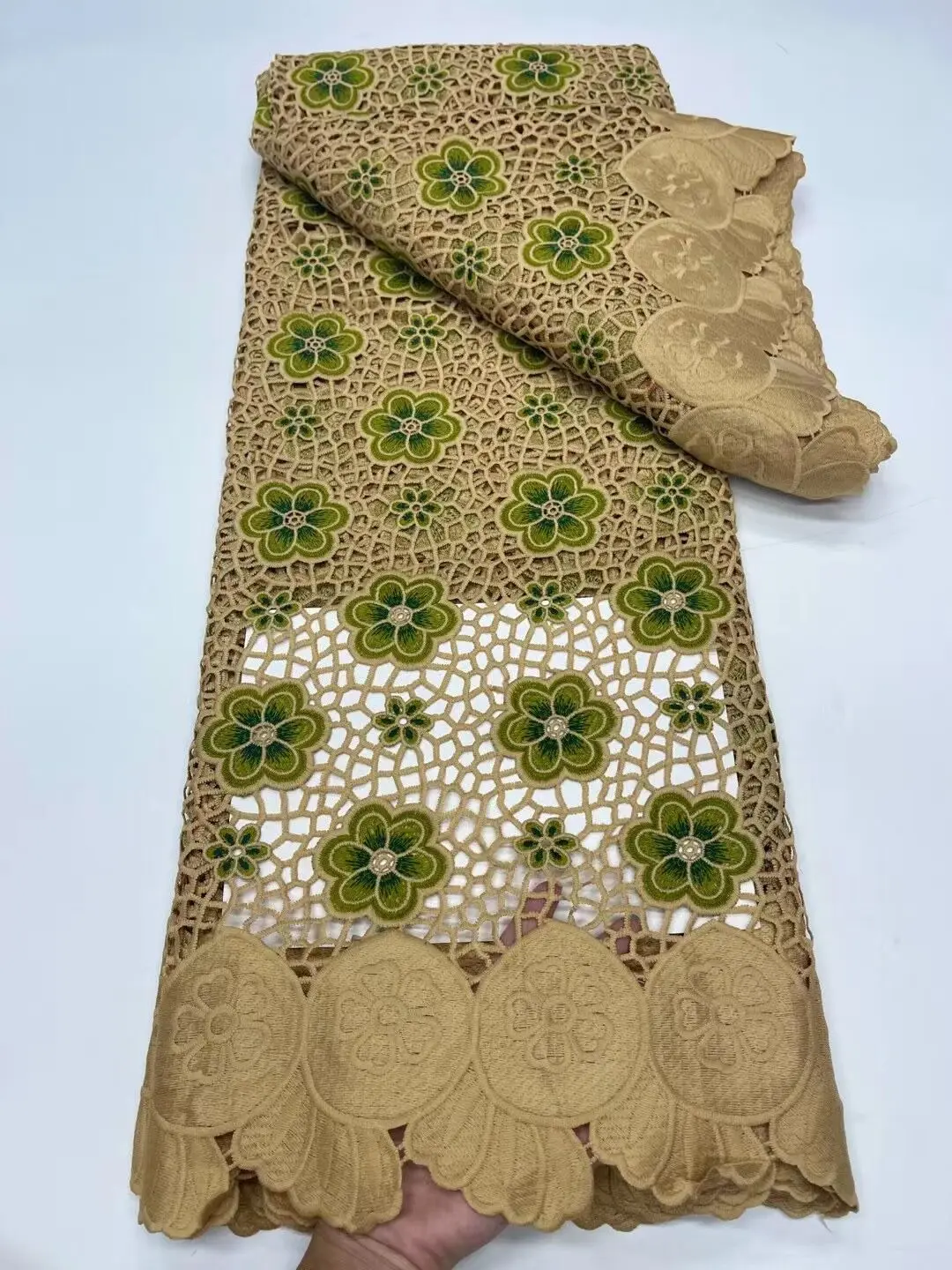 

White African Guipure Lace Fabric Soft Nigeria Water Soluble Cord Lace Fabric With Stones For Wedding Dress Party