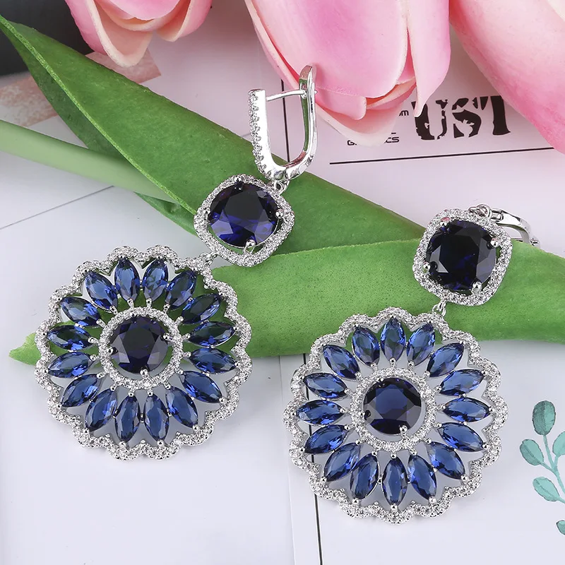 

Round Earrings Blue Enchantress Retro Earrings Women's Short Earrings European and American Exaggerated Zircon Factory Outlet