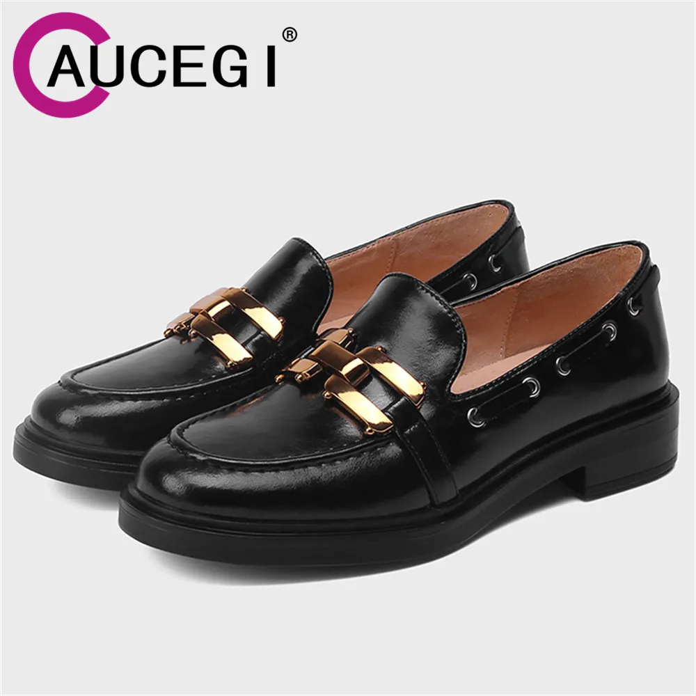 

Aucegi New Spring Autumn Women Low Heels Pumps Metal Chains Round Toe Fashion Genuine Leather British Casual Single Office Shoes