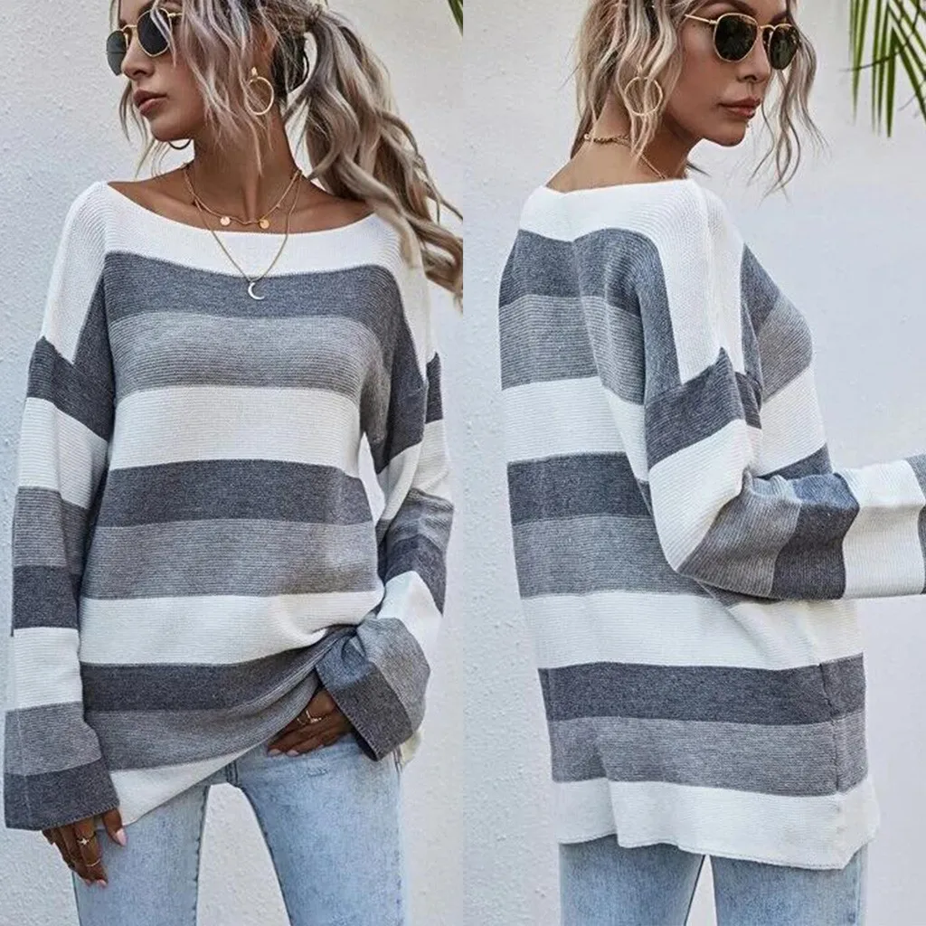 

Ropa Mujer Women's New Striped O-Neck Long-Sleeved Knitted Sweater Top Pullover Kobieta Swetry