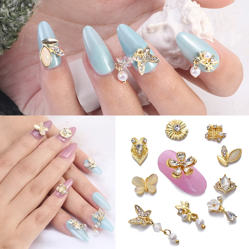 

Pipatian 10Pcs Butterfly Nail Stickers Golden Metal Accessories Ins Hot Earring Making Glue on Pearl Decoration Hairpin Making