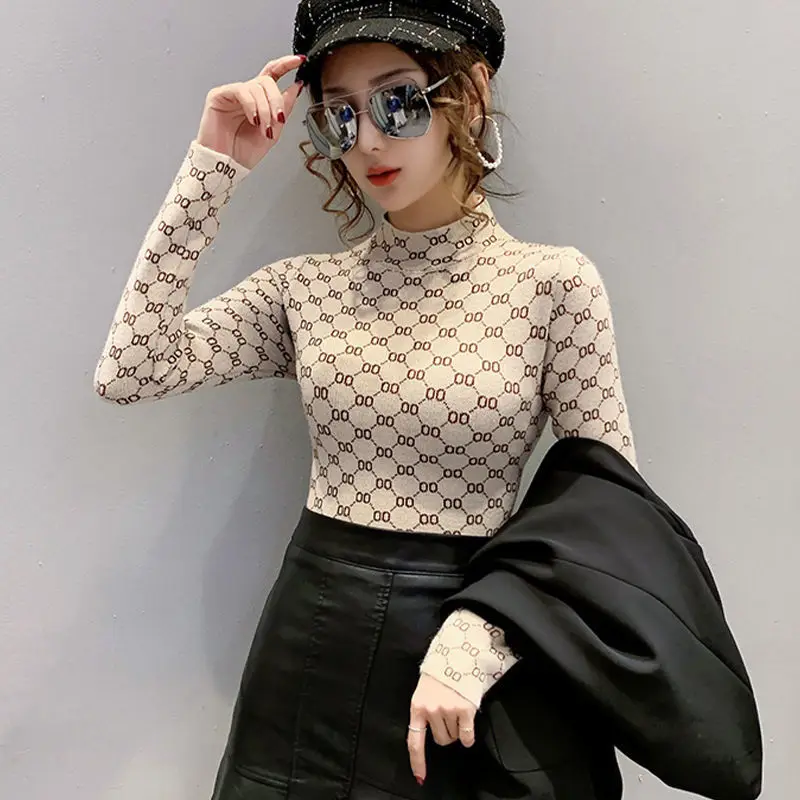 

Half High Neck Jacquard Pullover for Women Foreign Style Slim Knit Autumn Winter 2020 New Top with Bottom Layer