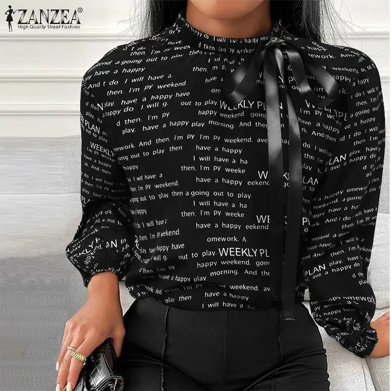 

Elegant Long Sleeve O Neck Shirt ZANZEA Autumn Casual Office Work Blouse Women Letter Printed Shirt Chemise Lace Up Tunic Tops