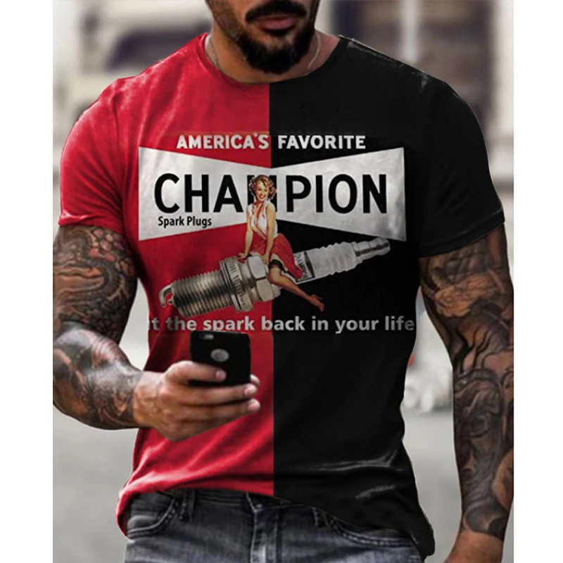 

Футболка мужская оверсайз с коротким рукавом, модная рубашка с принтом CHAHPLON и свечами зажигания, с круглым вырезом, одежда свободного кроя, ...