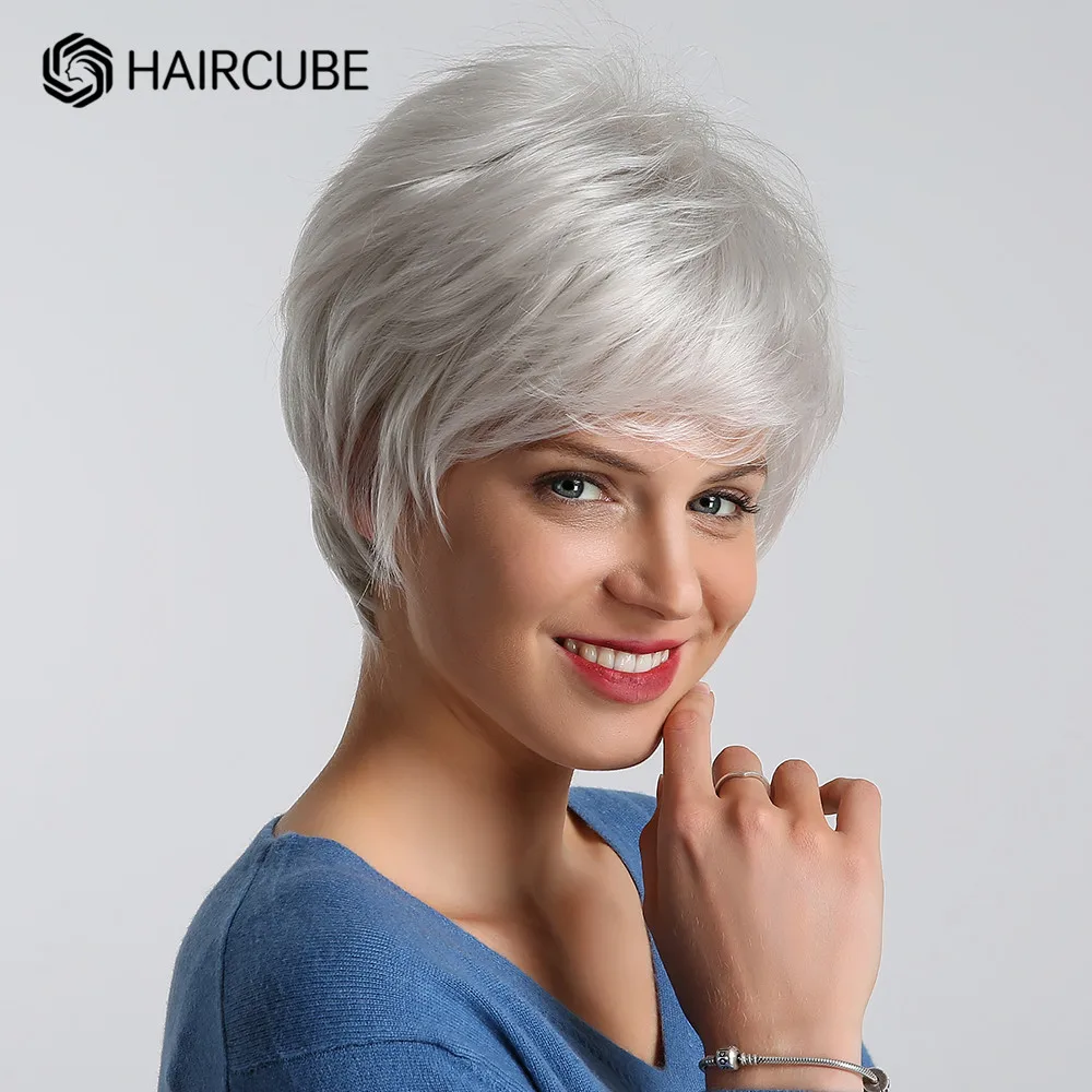 HAIRCUBE-Peluca de cabello humano sintético para mujer, postizo de corte Pixie corto, con flequillo, resistente al calor, color rubio platino y plateado