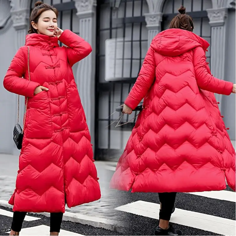High Quality Winter Jacket National Style Women Slim X-long Vintage Coat Hooded thicken Female Padded Outwear Warm Parkas D268