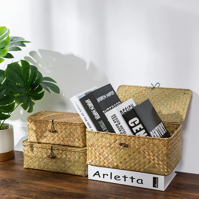 

Natural Seagrass Storage Box with Lid Woven Storage Baskets Laundry Basket Home Storage Sundries Laundry Toys Organizer