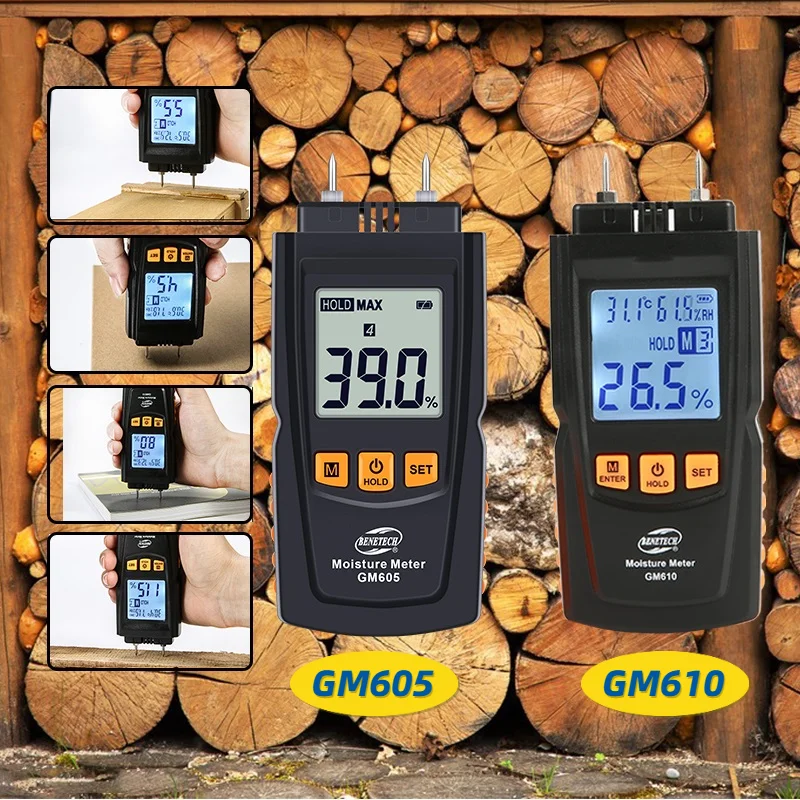 

GM605 Two Pins DigitalWood Moisture Meter Hygrometer Timber Damp Detector Tree Density Digital GM610 LCD Humidity Tester