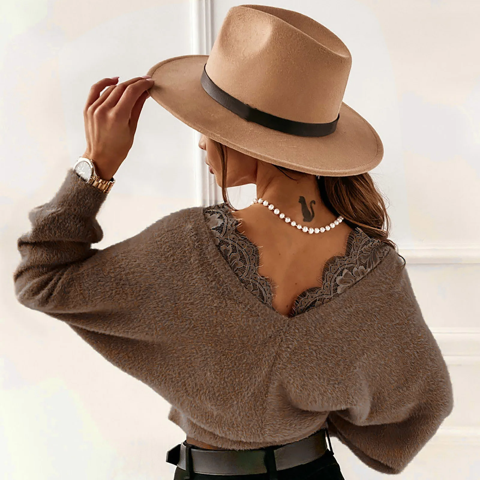 

Woman Sweaters 2021 Fashion Women Solid V-Neck Sexy Long Sleeve Lace Sweater Pullover Slim Tops Ropa Mujer #324