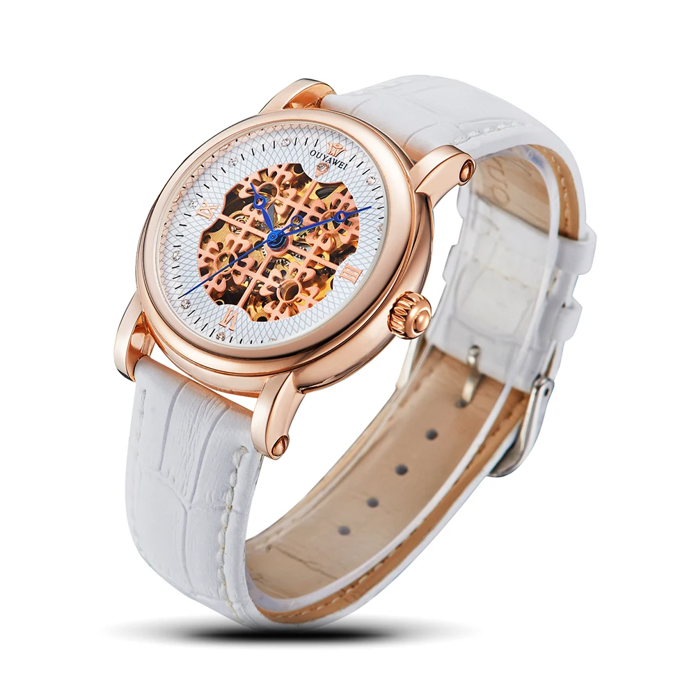 

OUYAWEI Classic Large Dial Woman Mechanical Watches Ladies Luxury Leisure automatic Watch Fashion White Leather relogio feminino