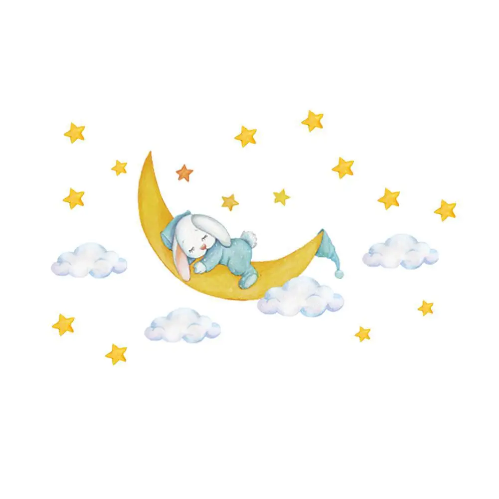 

Cartoon Mural Rabbits Sleeping on The Moon and Stars Wall Stickers for Kids Room Baby Room Decor Bunny Wall Decals Room Interior