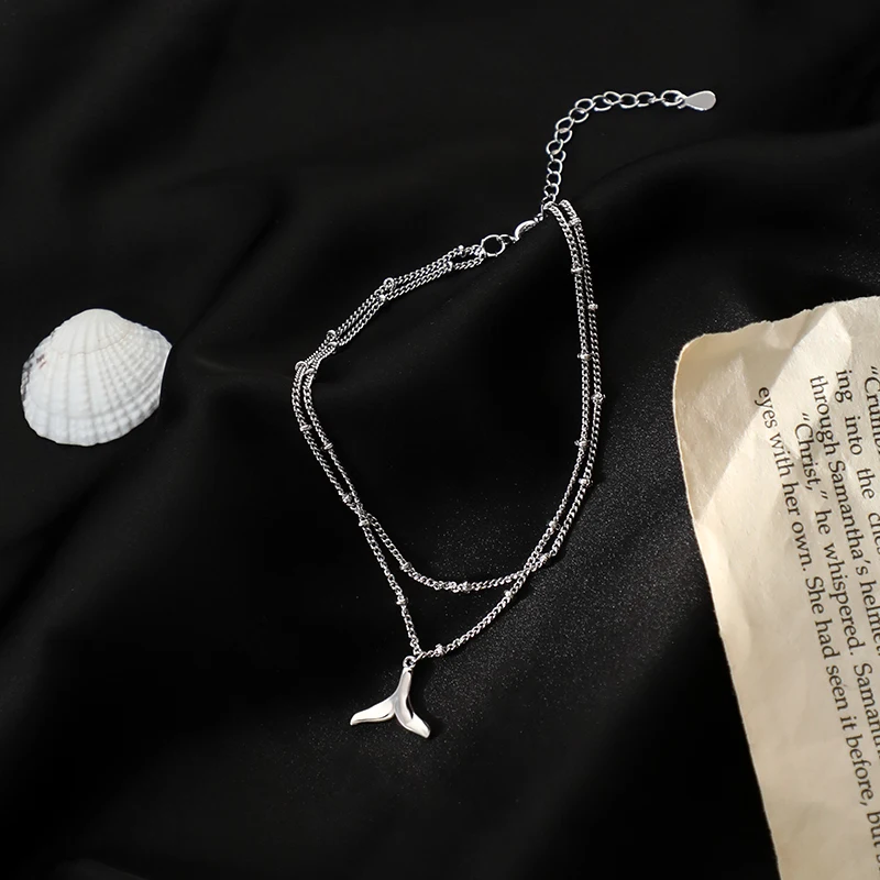 

925 Silver Double Round Bead Fishtail Anklet Female Korean Version Cute Sweet Personality Student Anklet Friend Birthday Gift