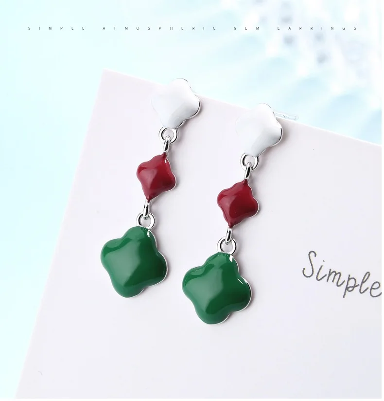 

Three-Color Clover Earrings S925 Sterling Silver Epoxy Flowers Ear Drops Korean Fashion Drip Glazed Clover Earrings for Women