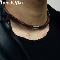mens choker necklace black brown braided leather necklace for men stainless steel magnetic clasp male jewelry gifts unm27a