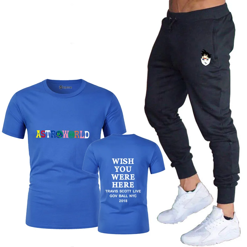 

New style 100% cotton men's and women's summer T-shirt suit + pants two-piece casual sportswear men's gym breathable sportswear