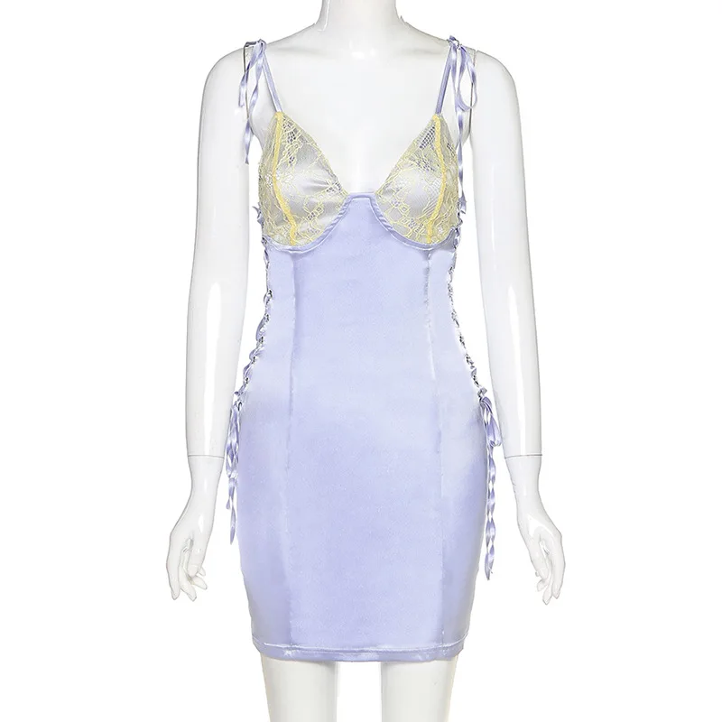 

Sexy Women Satin Lace Stitching V-neck Sleeveless Strap Halter Dress 2021 Spring Summer Fashion Casual Slim Fit All-match Dress