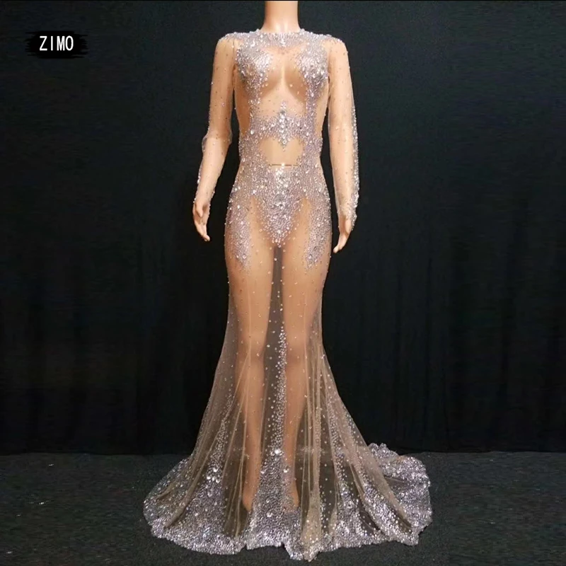 модные женское прозрачное блестящее Серебряное платье со стразами и длинным