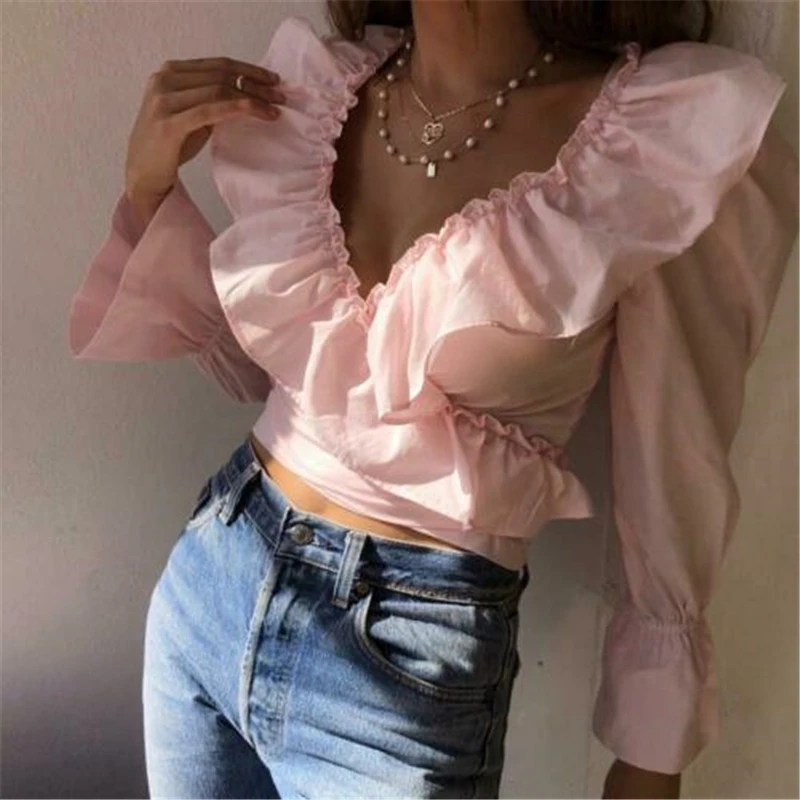 

Women Crop Tops Blouses Sexy V-neck Long Sleeve Ruffled Blouse Shirts Ladies Office Elegant Slim Fit Casual Solid Shirts Blusas